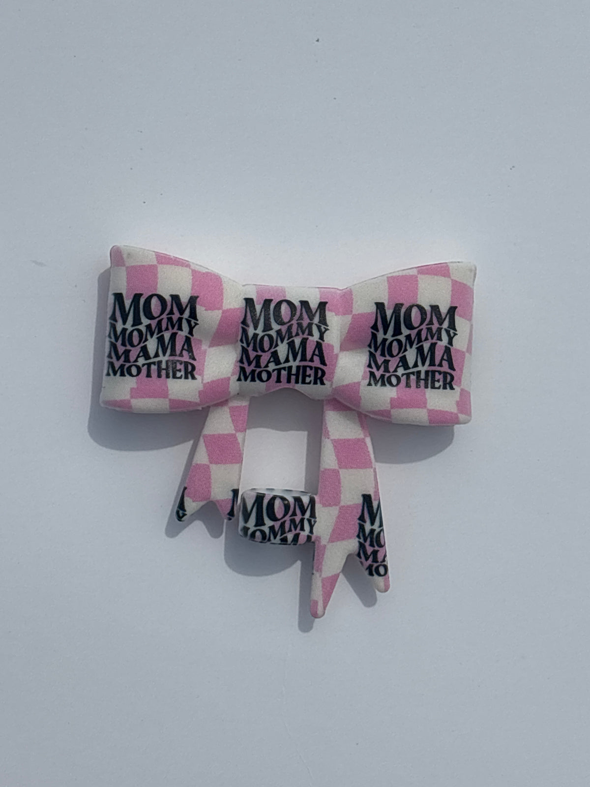 Mom pink checker straw topper bow #123