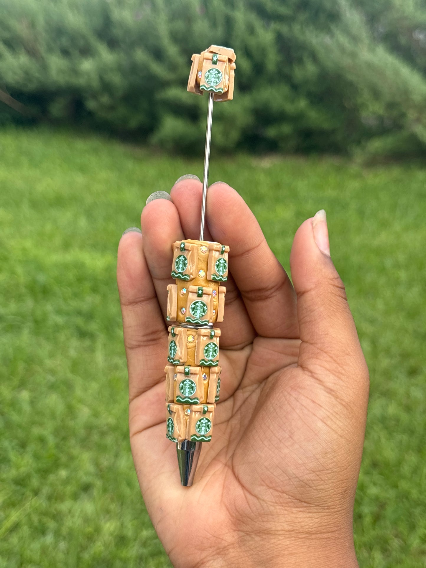 Brown & green Starbucks clay beadable rhinestone pen #75