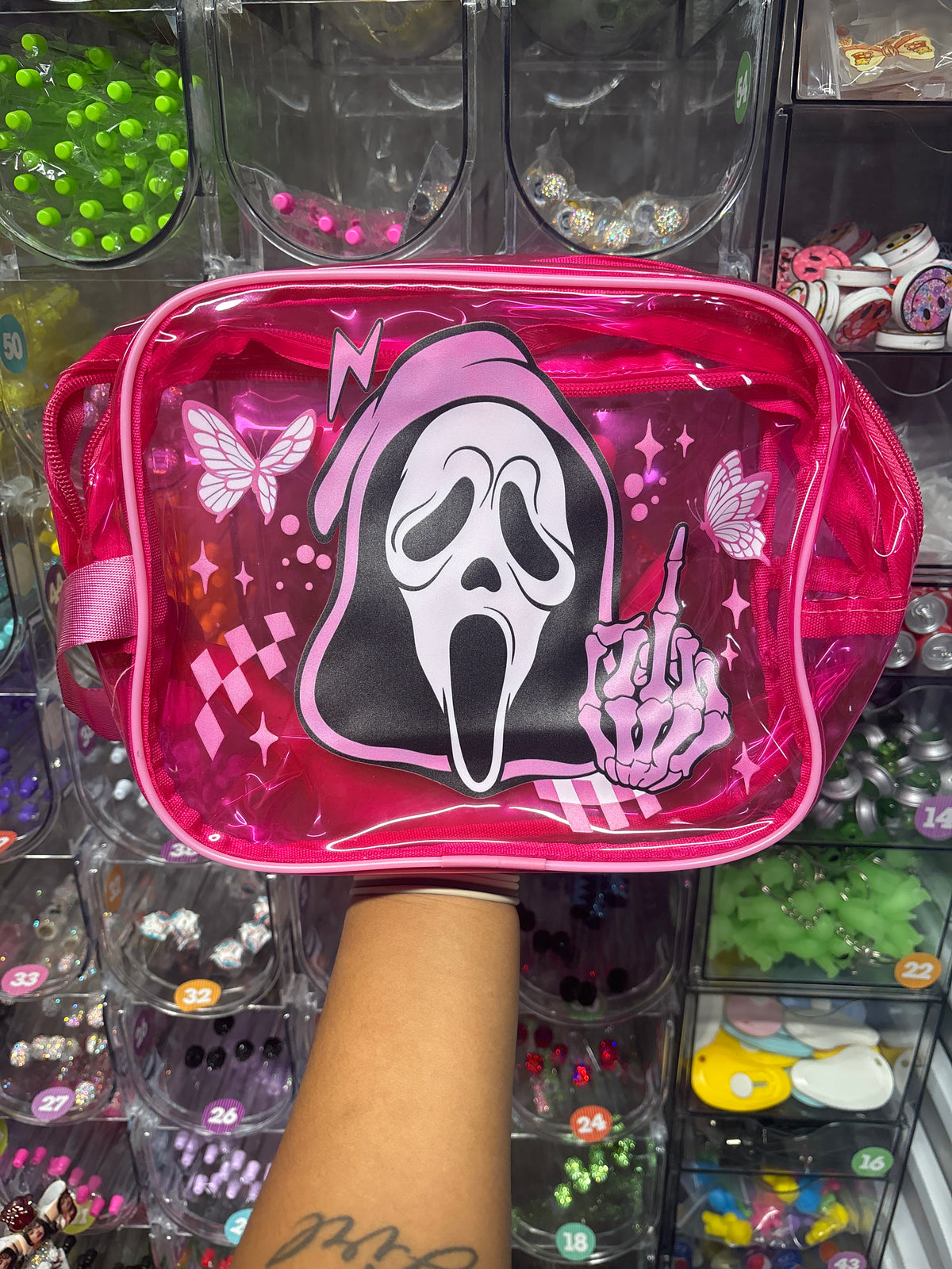 Pink ghost face clear bag