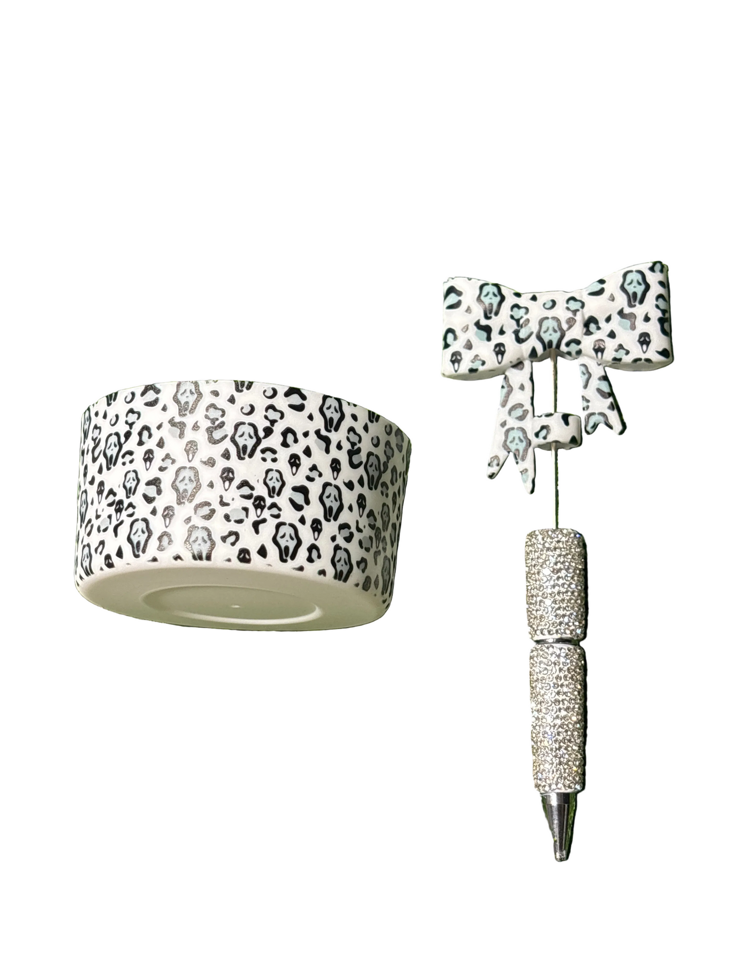 White ghost face cup boot/ straw topper pen set