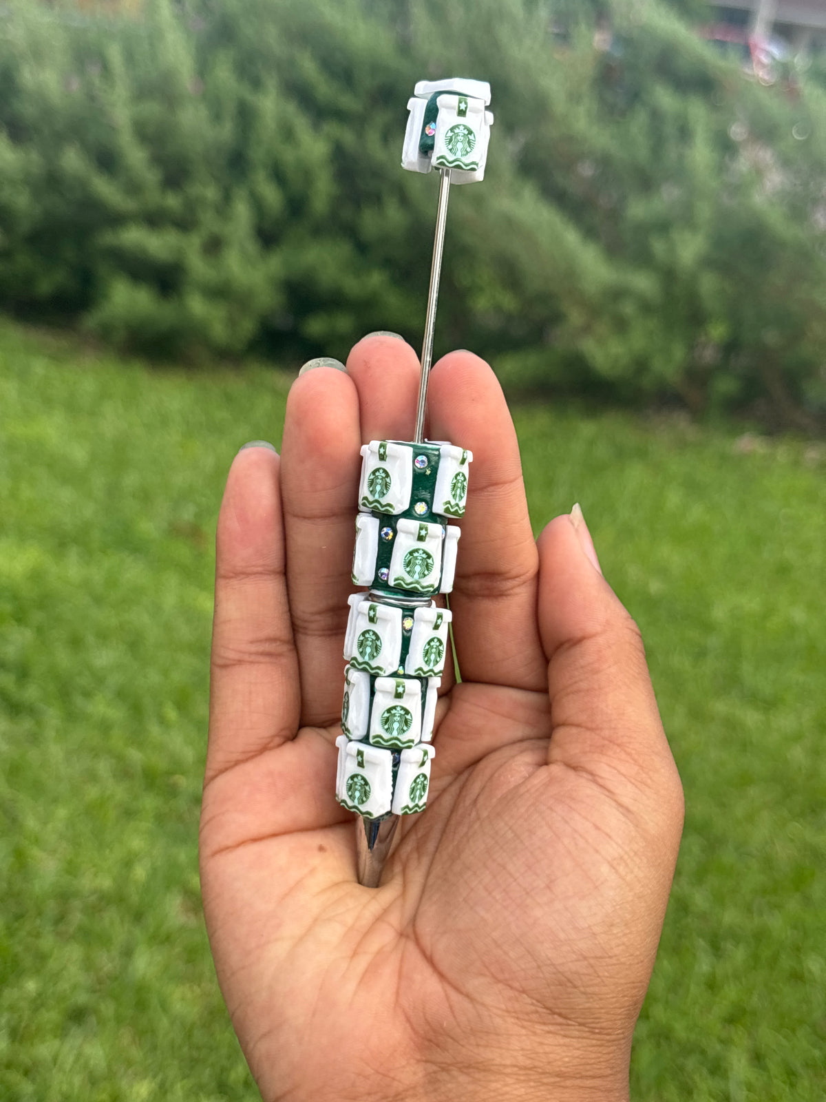 White & green Starbucks clay beadable rhinestone pen #74