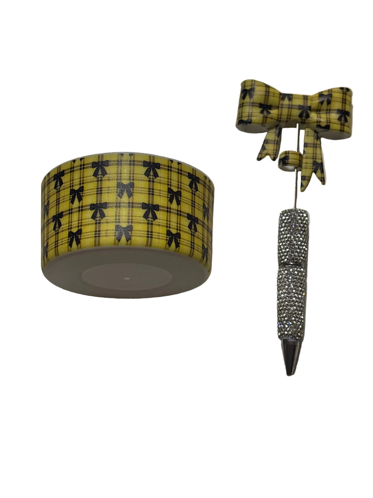Yellow bow striped cup boot/ straw topper pen set