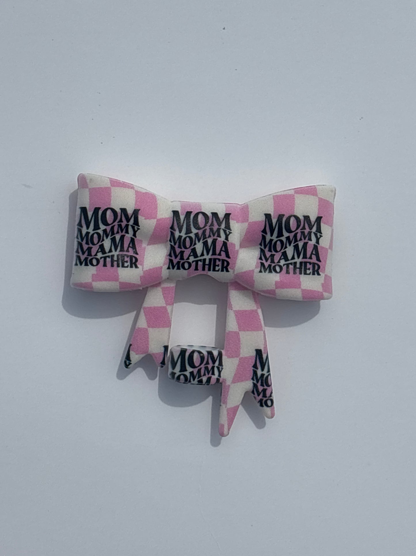 Mom pink checker straw topper bow #123