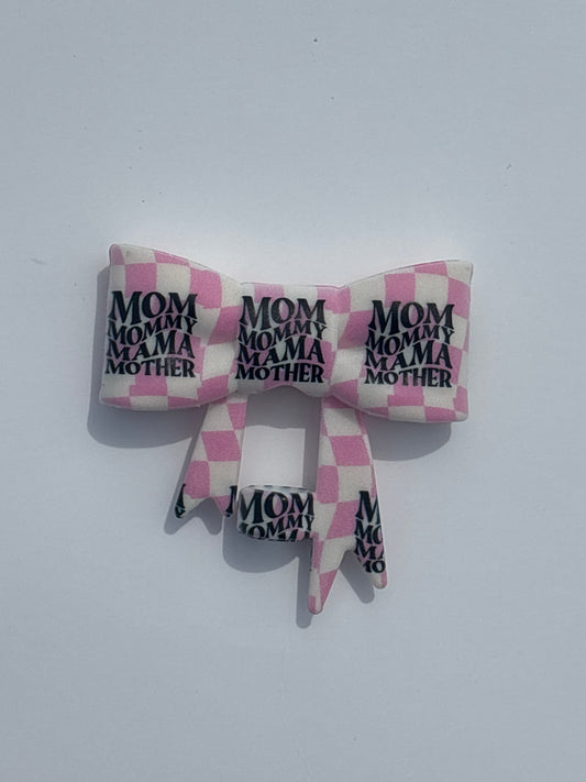 Mom pink checker straw topper bow #123
