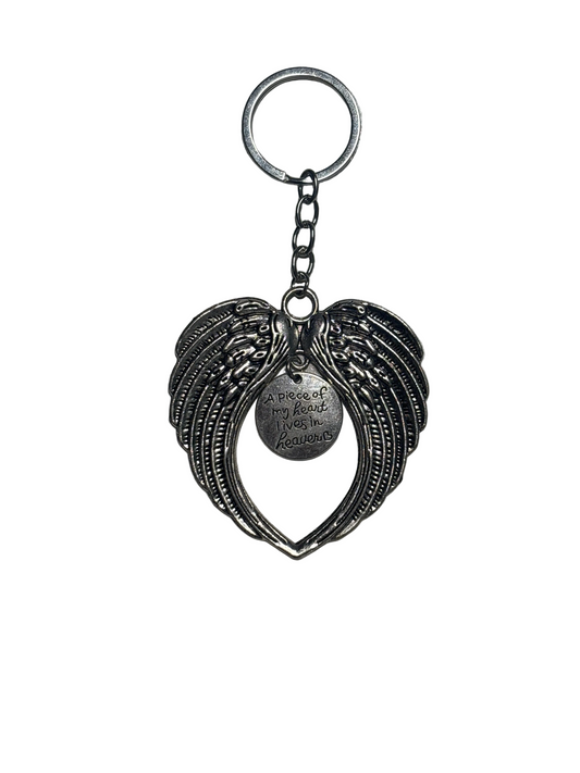 A piece of my heart lives in heaven metal sliver angel wings keychain