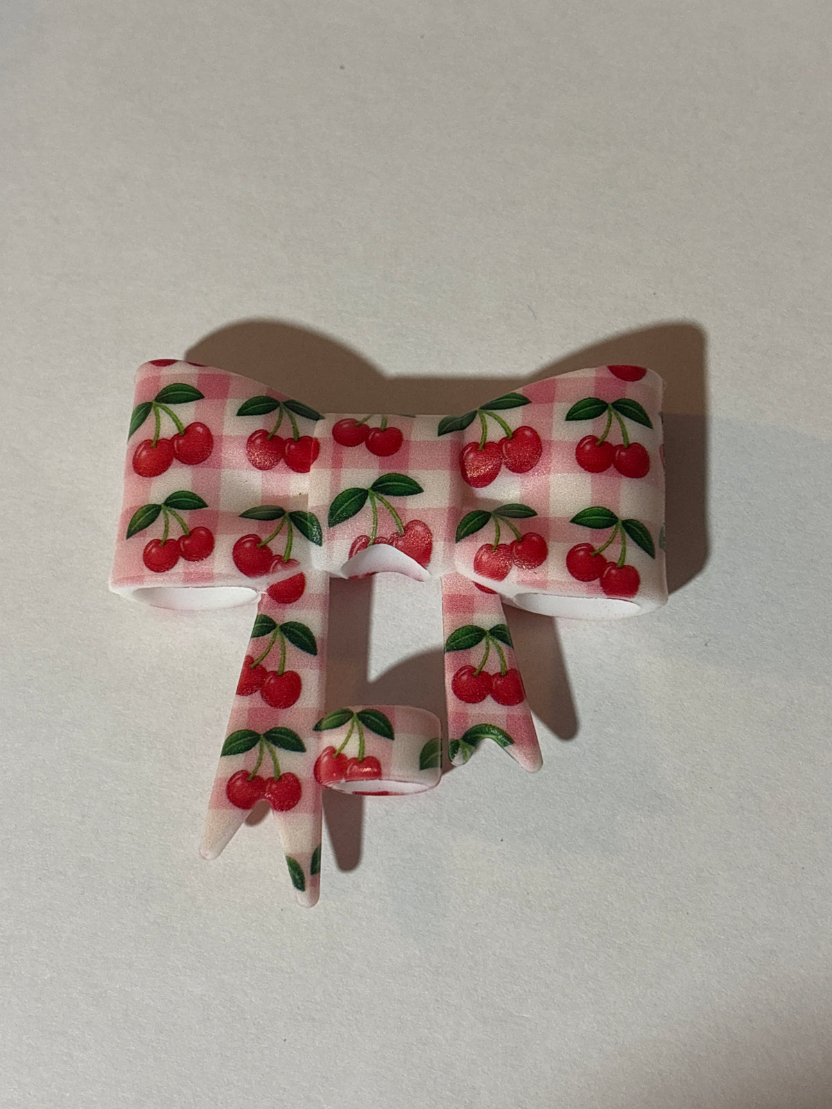 Pink checkered cherry  straw topper bow #115