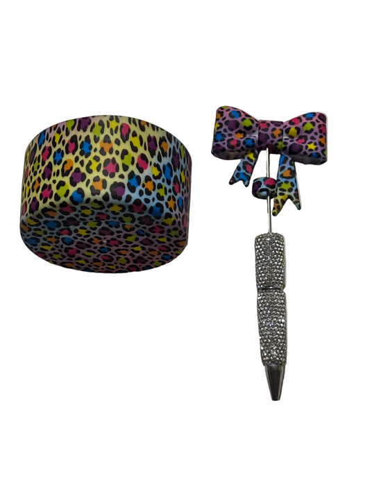Colorful cheetah cup boot/ straw topper pen set