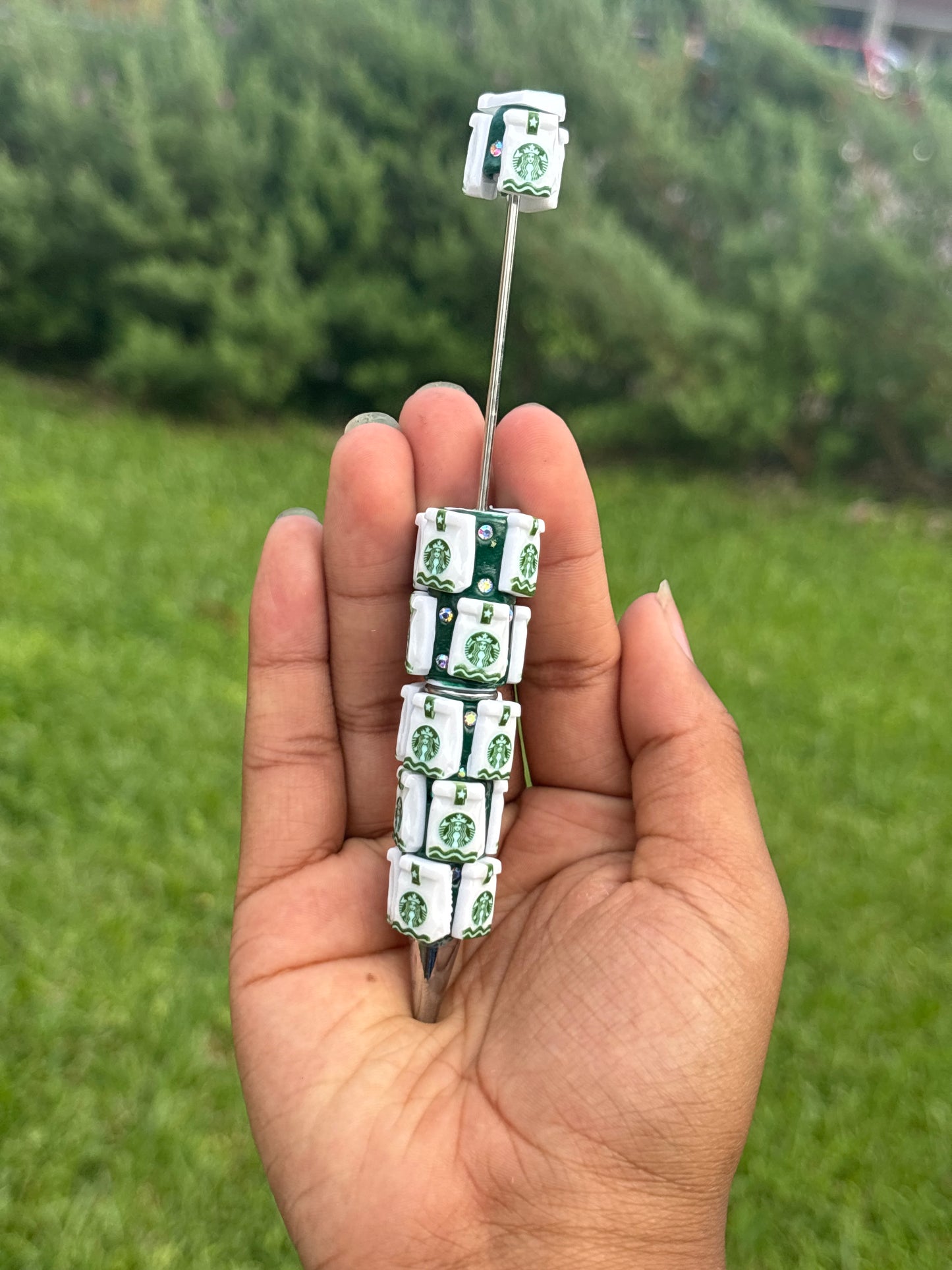 White & green Starbucks clay beadable rhinestone pen #74