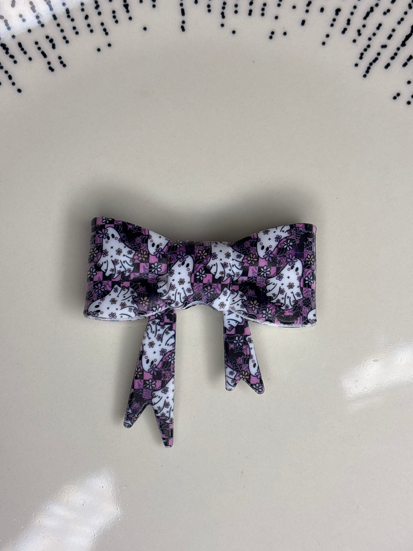 Pink purple checkered ghost straw topper bow #77