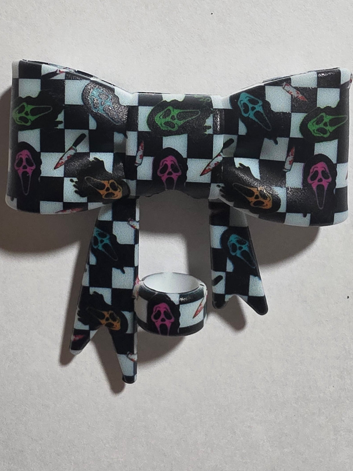 Colorful checker goes face straw topper bow #19